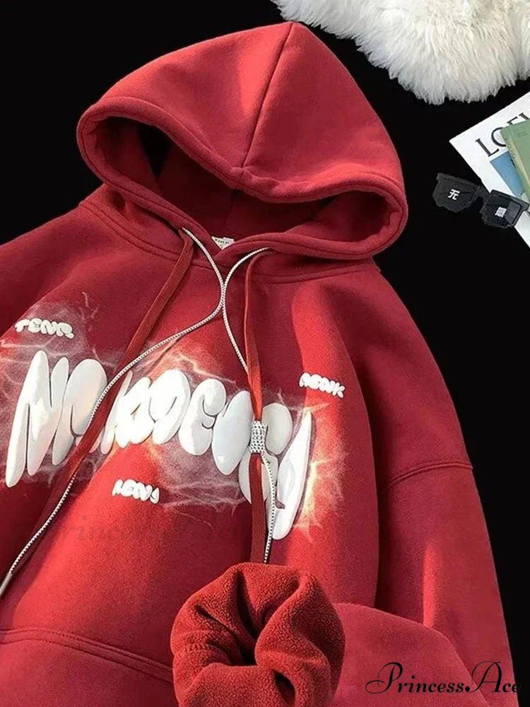 Dark Letter Print Y2K Retro Hoodie Red / M(40-45KG) hoodies-241228