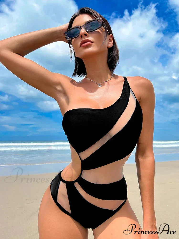 Dark Net Single Shoulder High Slice Monokini Single Piece BLACK / S onepiece-250223