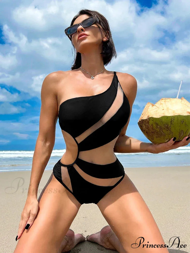 Dark Net Single Shoulder High Slice Monokini Single Piece onepiece-250223