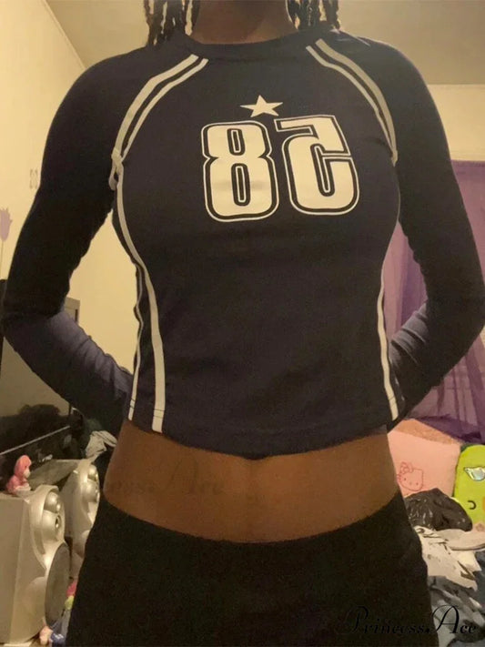 Dark Open Navel Message Printed Informal Long Sleeve Knit Top Dark blue / S knittop-250126