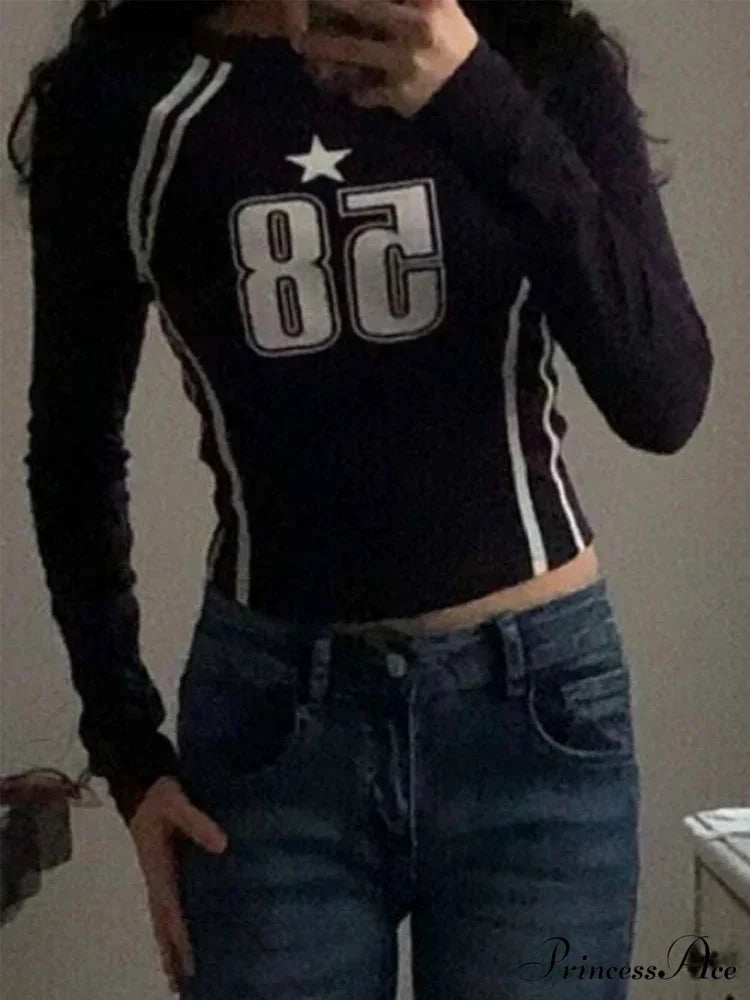 Dark Open Navel Message Printed Informal Long Sleeve Knit Top knittop-250126