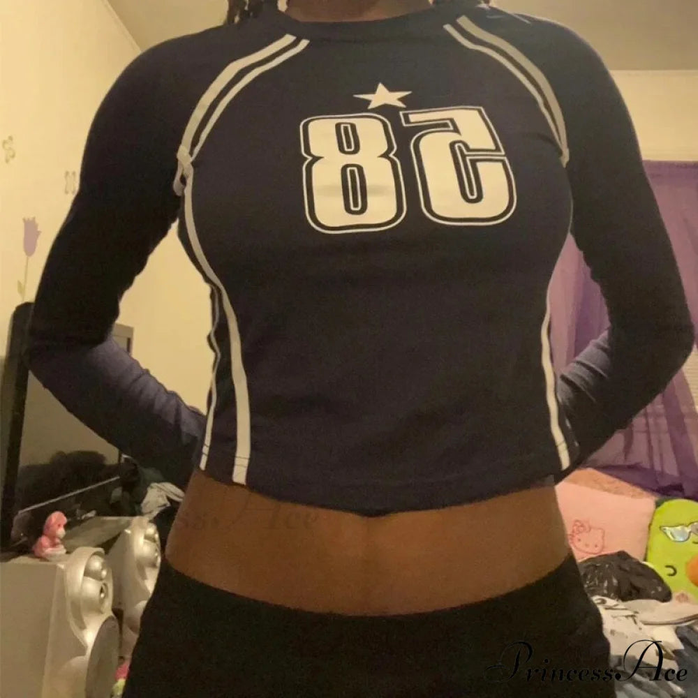 Dark Open Navel Message Printed Informal Long Sleeve Knit Top knittop-250126