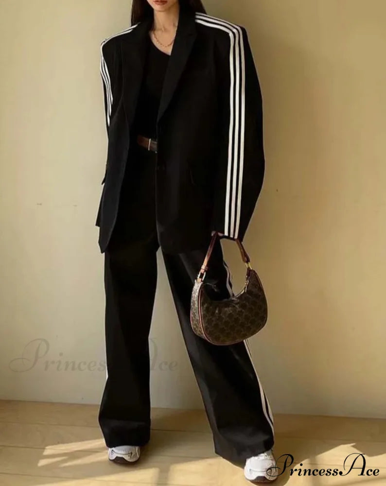 Dark Patchwork Elevated Waist Pants Workplace Two Piece Set Black / S officetwopieceset-250223