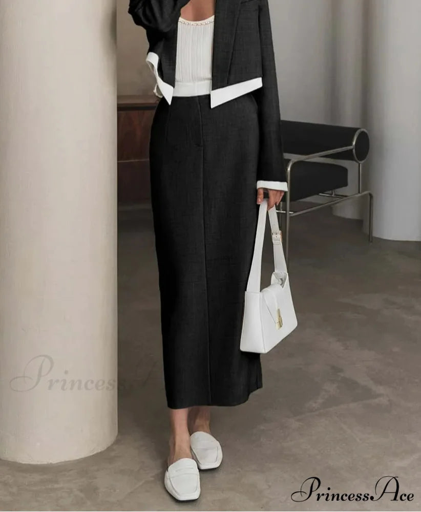 Dark Patchwork Trimmed Straight Business Two Piece Set Black / S officetwopieceset-250223