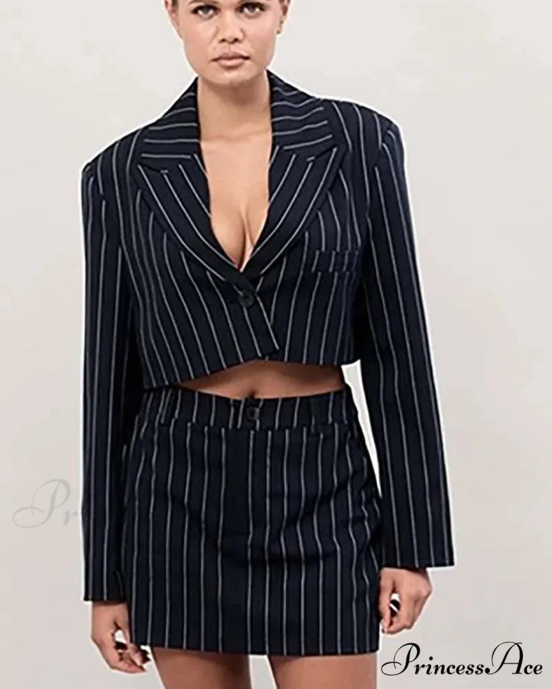 Dark Printed Crop Blouse Mini Workplace Two Piece Set Black / S officetwopieceset-250223