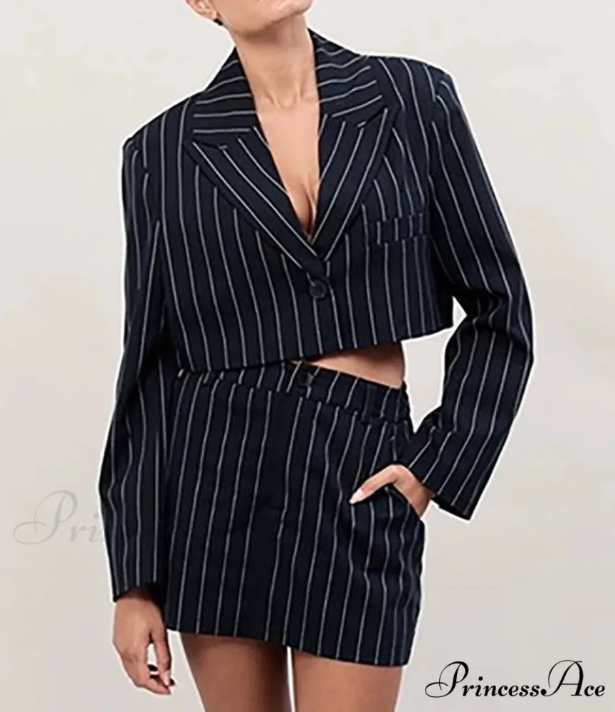 Dark Printed Crop Blouse Mini Workplace Two Piece Set officetwopieceset-250223
