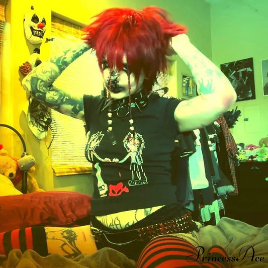 Dark Printed Cropped Retro T-shirt Black / S t-shirt-250223