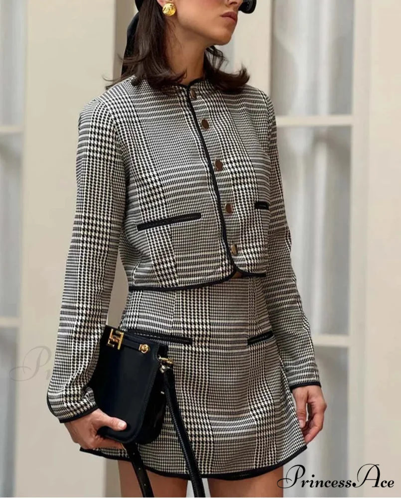 Dark Printed Round Neck Pockets Small Business Two Piece Set Black / S officetwopieceset-250223