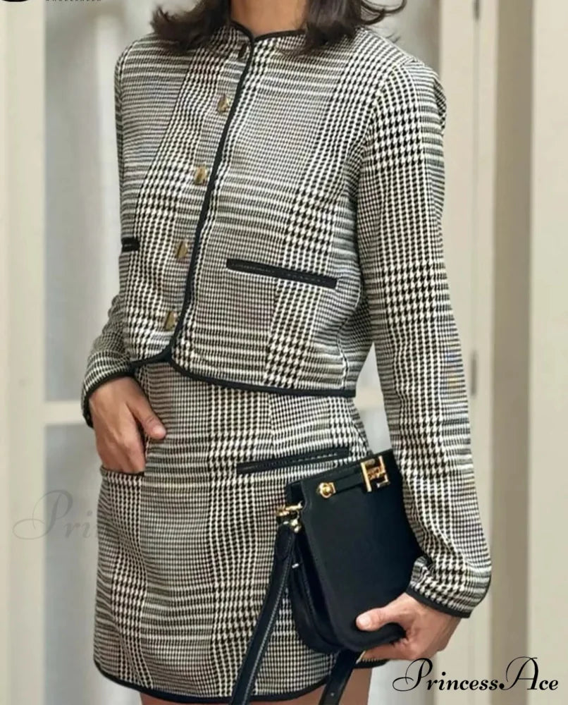 Dark Printed Round Neck Pockets Small Business Two Piece Set officetwopieceset-250223