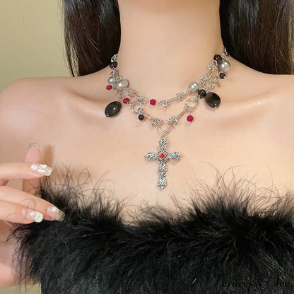 Dark Punk Layered Cross Sweet Cool Beaded Personality Necklace SILVER