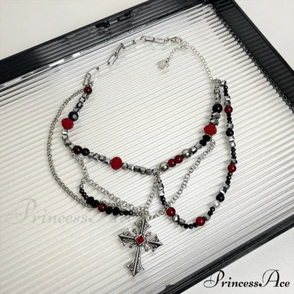 Dark Punk Layered Cross Sweet Cool Beaded Personality Necklace SILVER