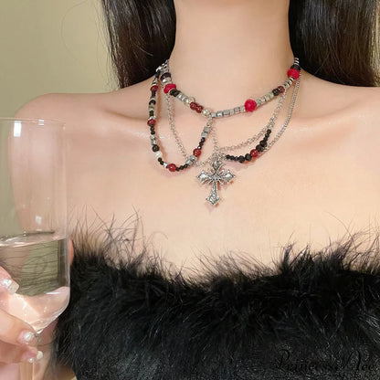 Dark Punk Layered Cross Sweet Cool Beaded Personality Necklace SILVER