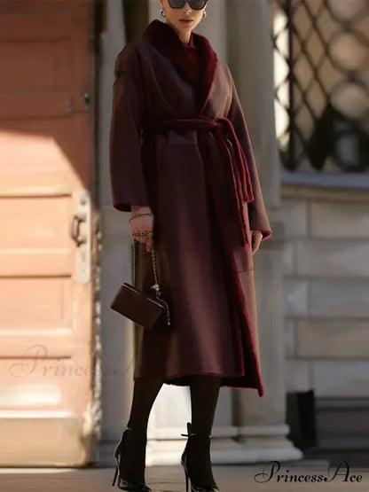 Dark Red Sheepskin Belted Coat