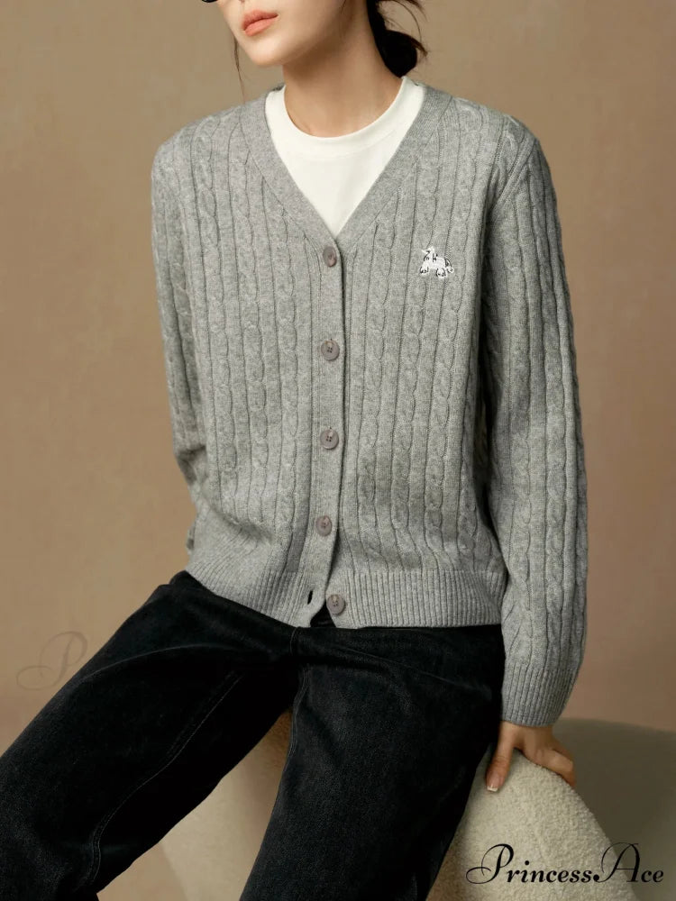 Dark Red Wool V-Neck Cable Cardigan GRAY / M