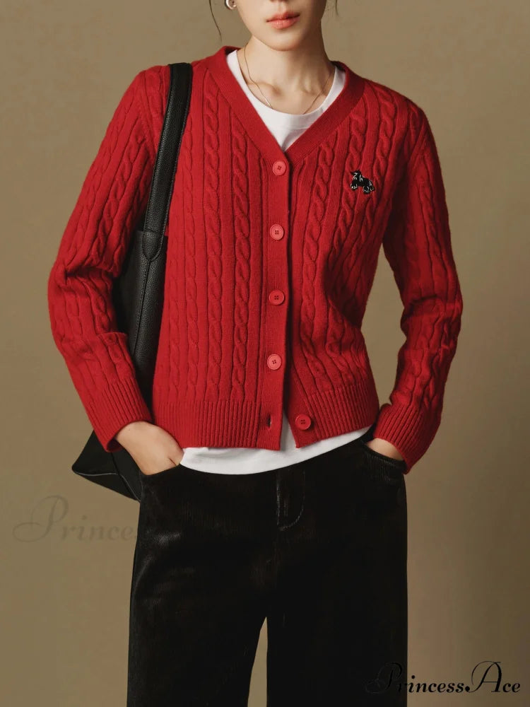 Dark Red Wool V-Neck Cable Cardigan Red / M