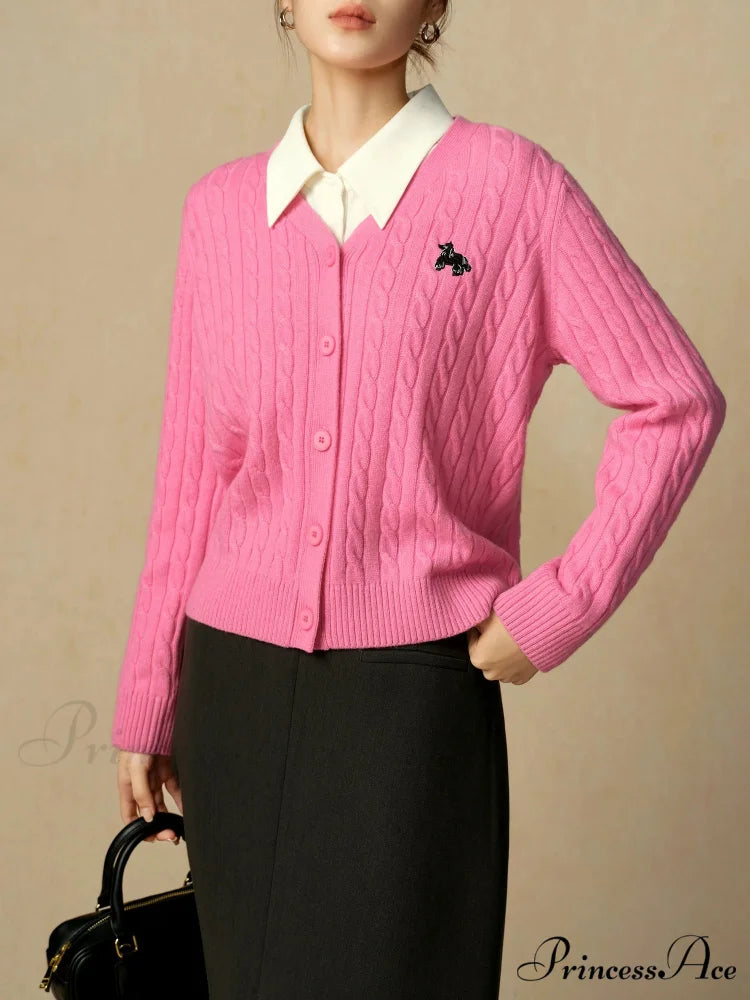 Dark Red Wool V-Neck Cable Cardigan Pink / M
