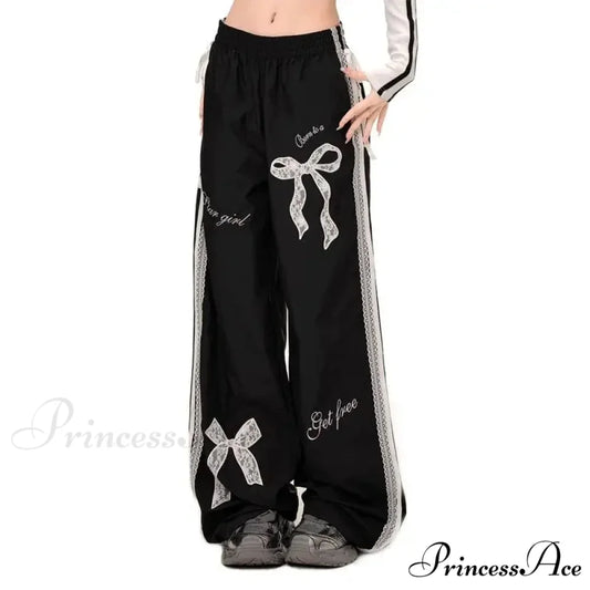 Dark Ribbon Lace Y2K Women Retro Trousers Black / S pants-241228