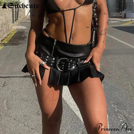 Dark Rivet Folded Leather Skirt skirts-250223