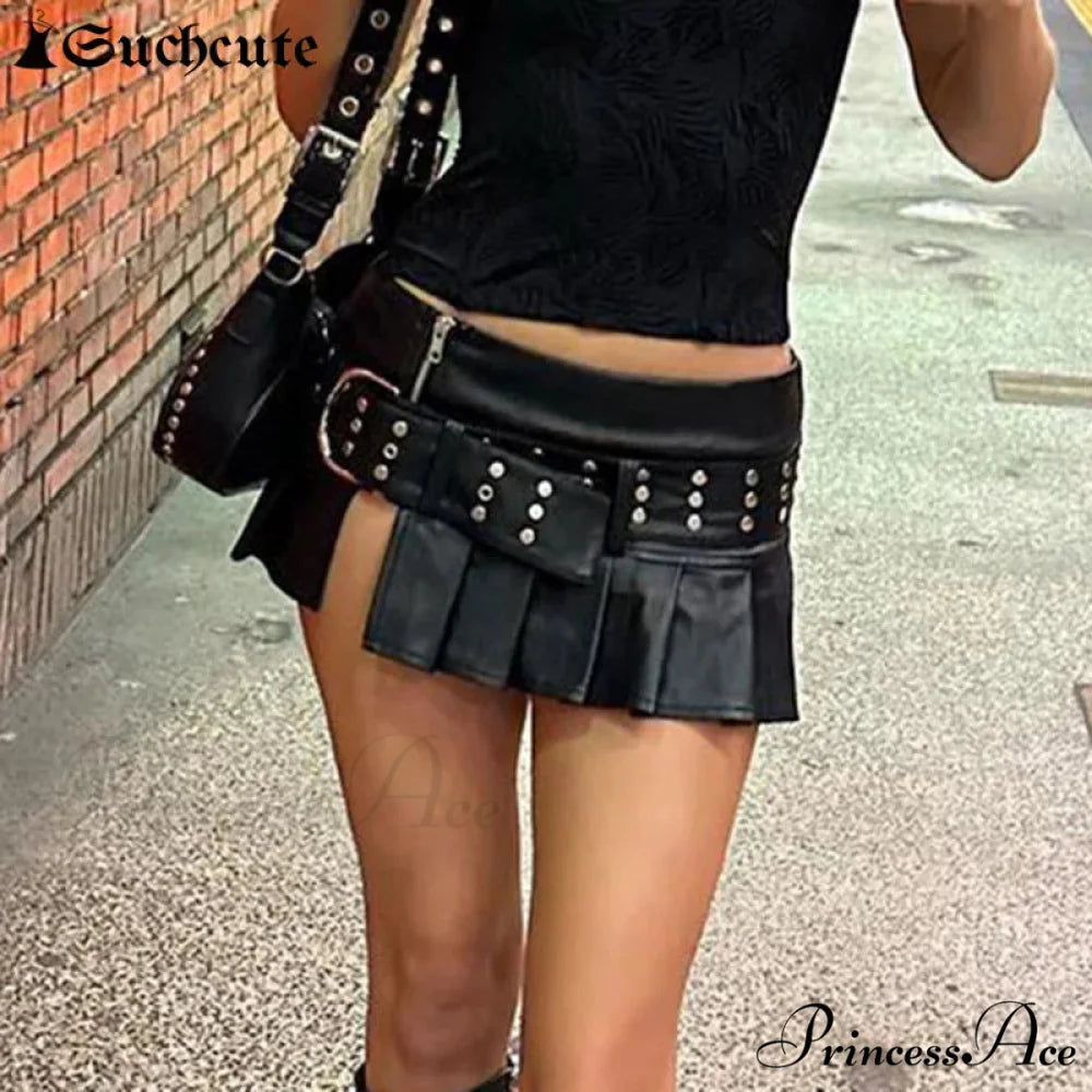 Dark Rivet Folded Leather Skirt skirts-250223