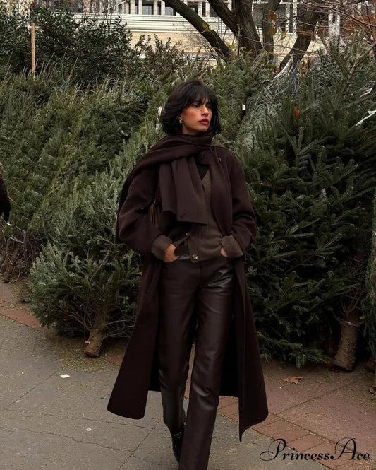 Dark Scarf Collar Woolen Lengthy Coat dark brown / S coats-241228