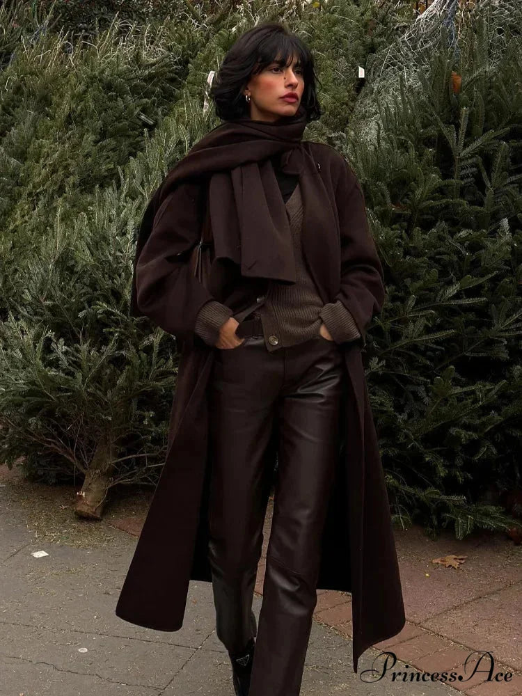 Dark Scarf Collar Woolen Lengthy Coat coats-241228
