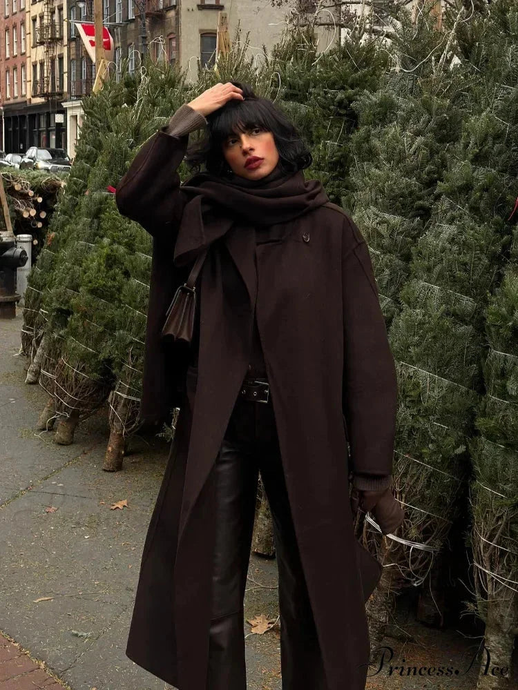 Dark Scarf Collar Woolen Lengthy Coat coats-241228