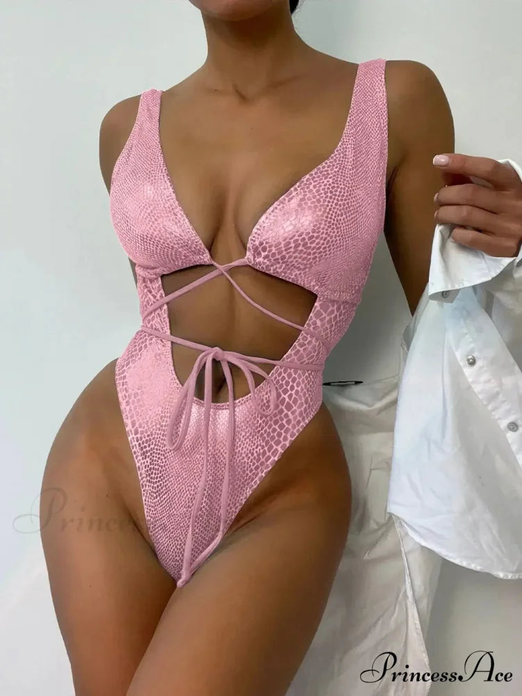 Dark Serpent Pattern Crossed Straps Single Unit Pink / S onepiece-250223