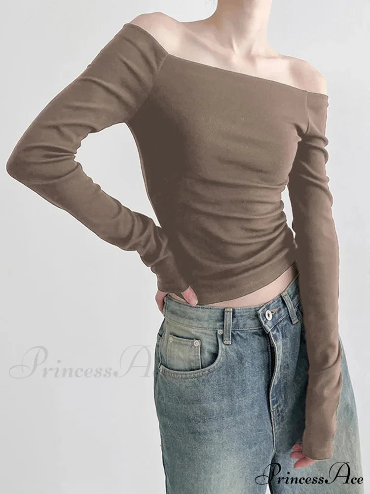 Dark Slash Neck Sophisticated Long Sleeve Slim Knit Top Brown / S knittop-250126