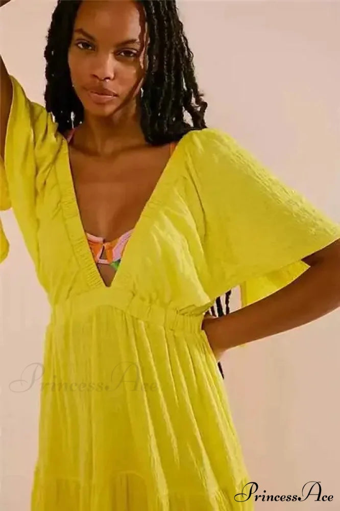 Dark Stitching Circular Neck Flare Free-Spirited Dress fluorescent yellow / S bohodress-250126