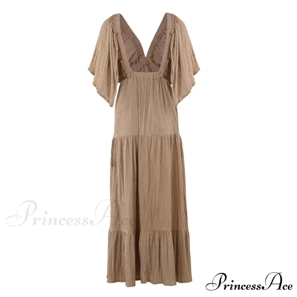 Dark Stitching Circular Neck Flare Free-Spirited Dress Khaki / S bohodress-250126