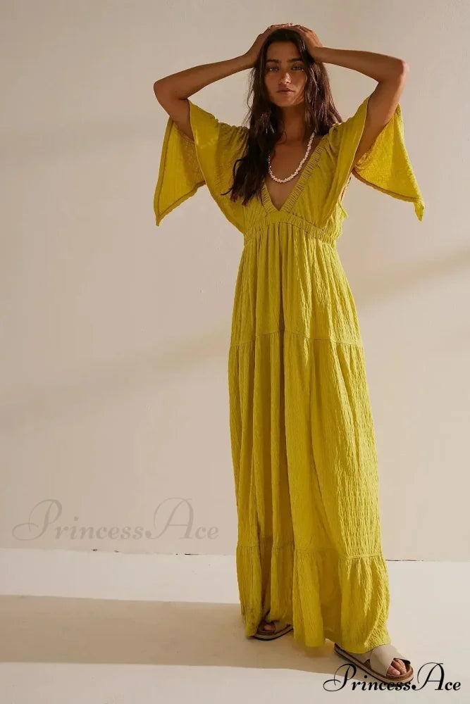Dark Stitching Circular Neck Flare Free-Spirited Dress Lemon yellow / S bohodress-250126