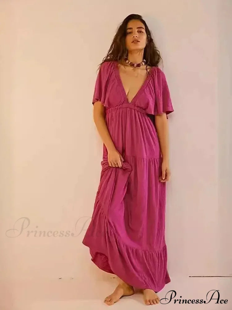 Dark Stitching Circular Neck Flare Free-Spirited Dress rose red / S bohodress-250126