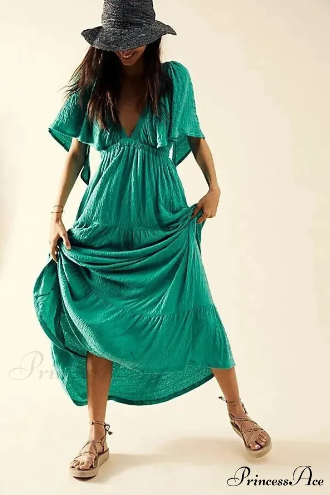 Dark Stitching Circular Neck Flare Free-Spirited Dress Turquoise / S bohodress-250126