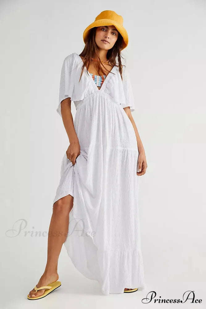 Dark Stitching Circular Neck Flare Free-Spirited Dress WHITE / S bohodress-250126