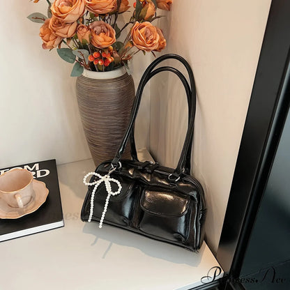 Dark Synthetic Leather Informal Shoulder Bag Black shoulder-250126