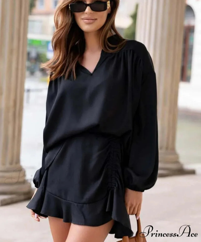 Dark V-Neck Frilled Mini Workplace Two Piece Set Black / S officetwopieceset-250223