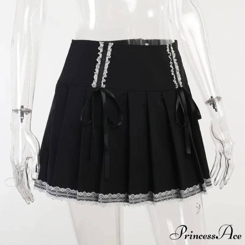 Dark Wind Bust Lolita Lace Contrast Gothic Harajuku Pleated Goth Black Korean Fashion Skirt BLACK / S