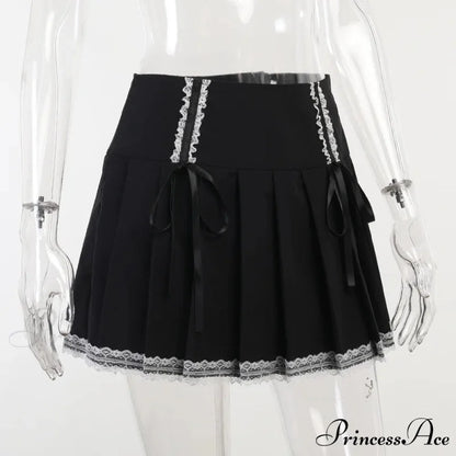 Dark Wind Bust Lolita Lace Contrast Gothic Harajuku Pleated Goth Black Korean Fashion Skirt BLACK / S