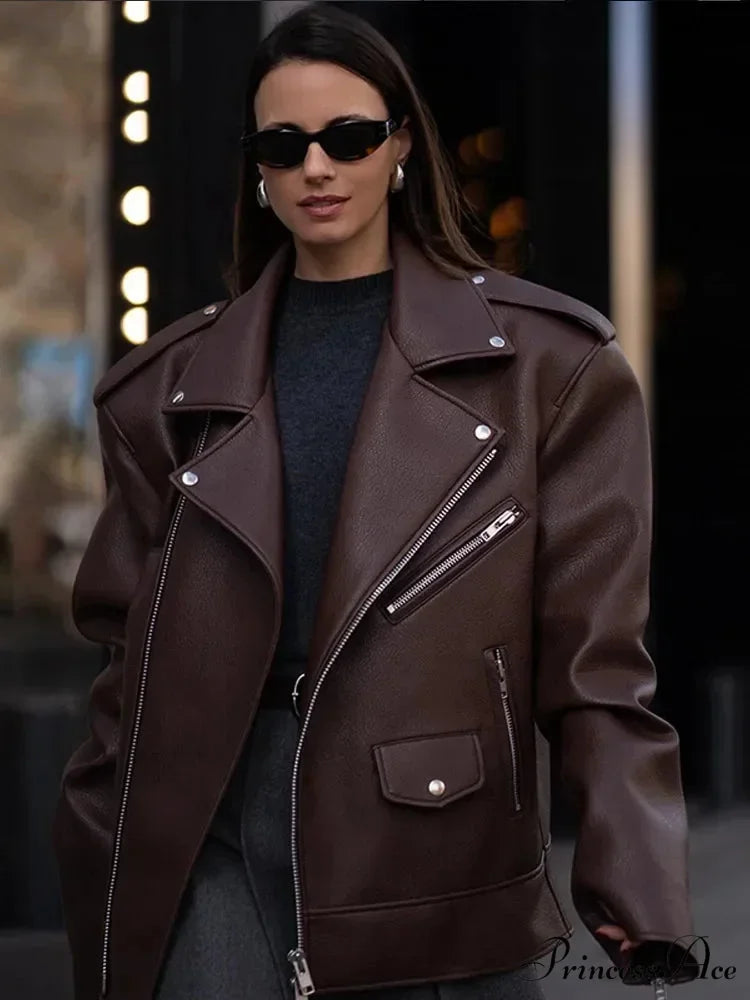 Dark Zippers Huge Leather Coat Brown / S coats-241228