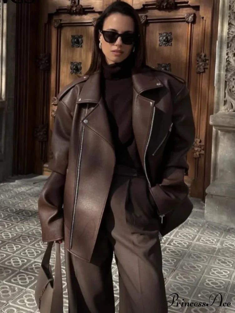 Dark Zippers Huge Leather Coat coats-241228