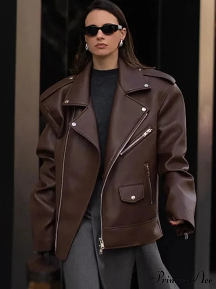 Dark Zippers Huge Leather Coat coats-241228