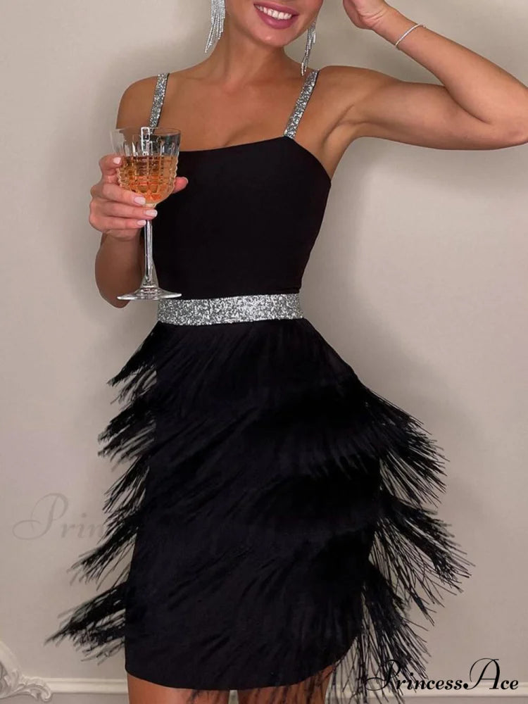 Date And Dinner Socialite Graceful Style Suspender Fringe Mini Dress Black / S