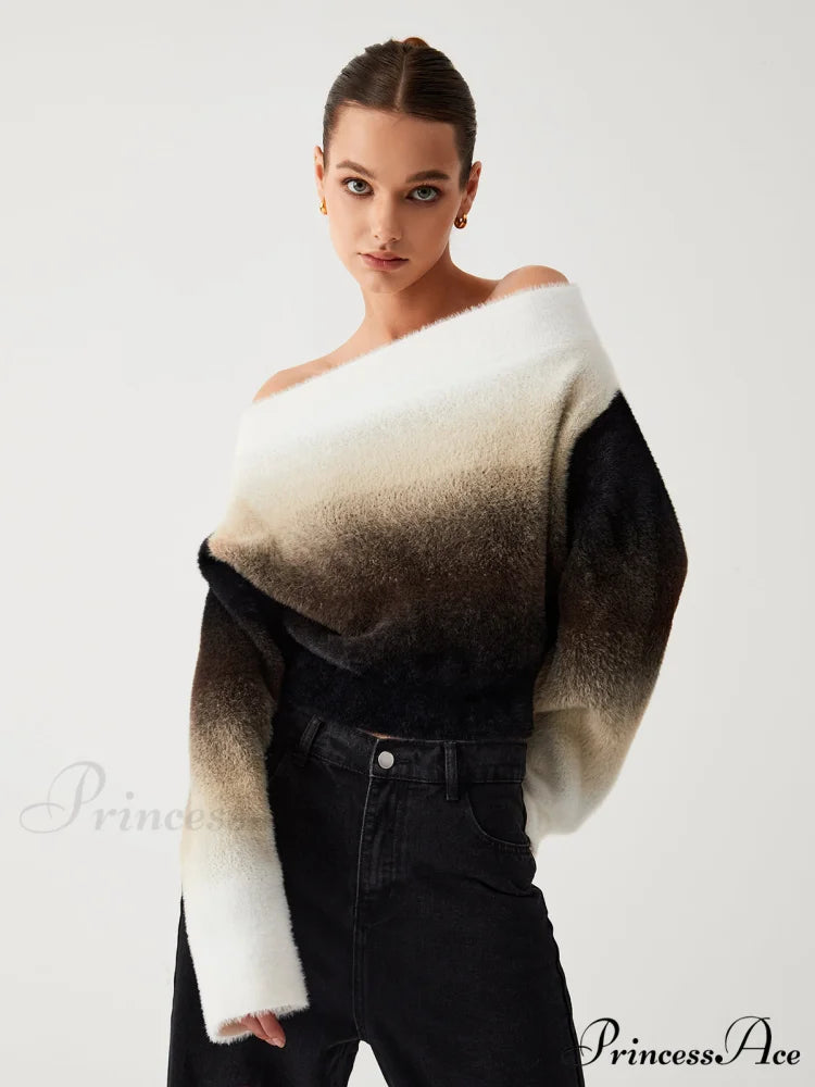 Dawn Ombre Fuzzy Trendy Off Shoulder Crop Sweater