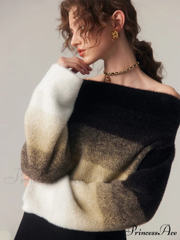 Dawn Ombre Fuzzy Trendy Off Shoulder Crop Sweater Brown / XS