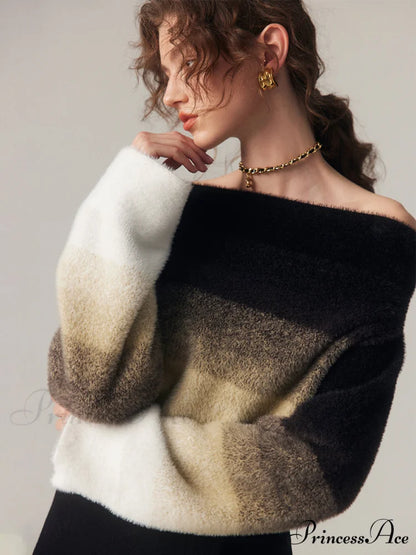 Dawn Ombre Fuzzy Trendy Off Shoulder Crop Sweater Brown / XS