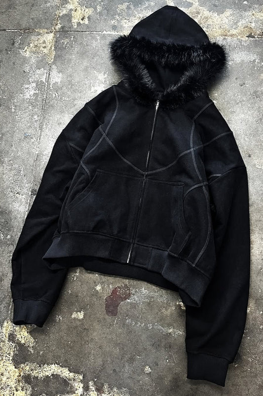 Faux-Fur Hood Graphic Zip-Up Hoodie