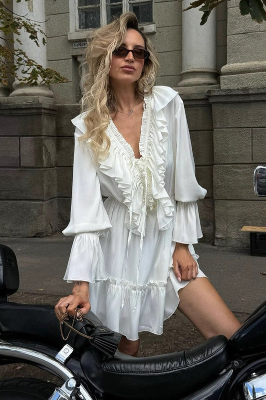 Chiffon V Neck Flared Sleeve Mini Dress