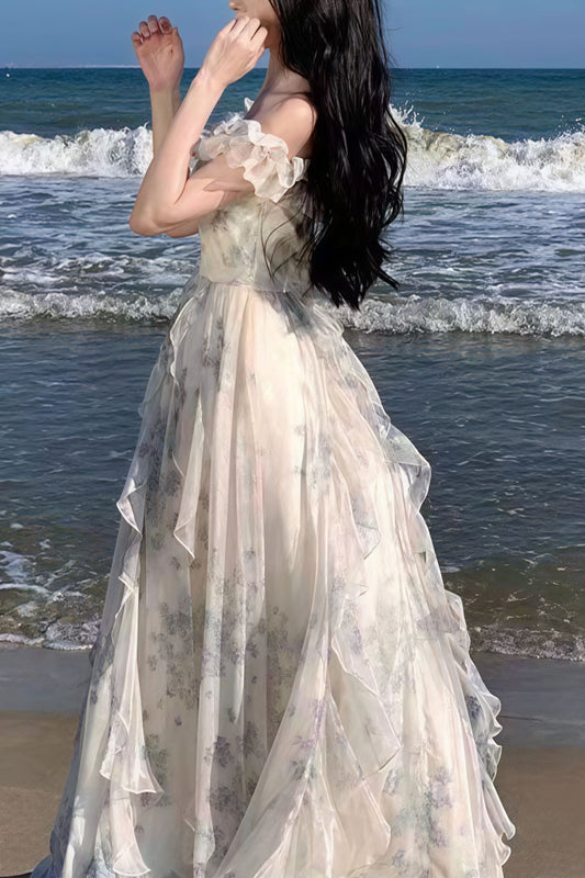 Spaghetti Strap Ruffled Floral Flowy Maxi Dress