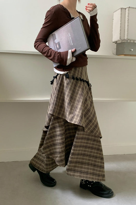 Vintage Asymmetrical Plaid Maxi Skirt