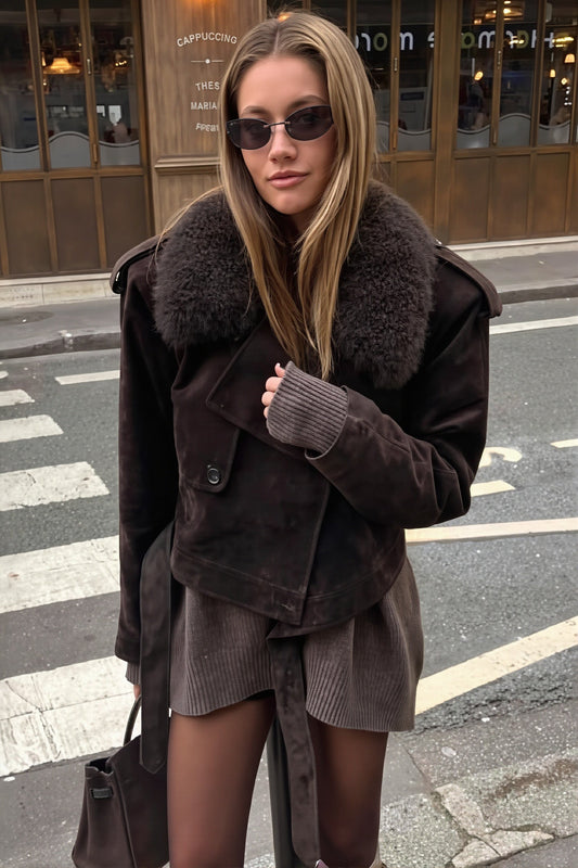 Faux Fur Collar Belted Suede Look Jacket